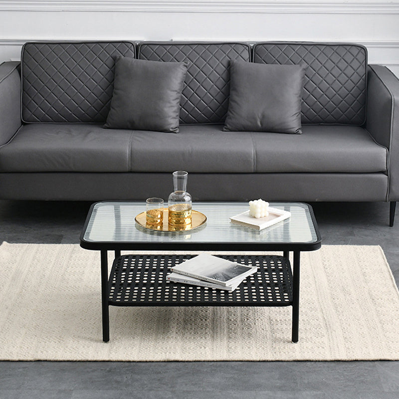 Glass Modern Rectangular Coffee Table with Shelf 4 Legs Cocktail Table