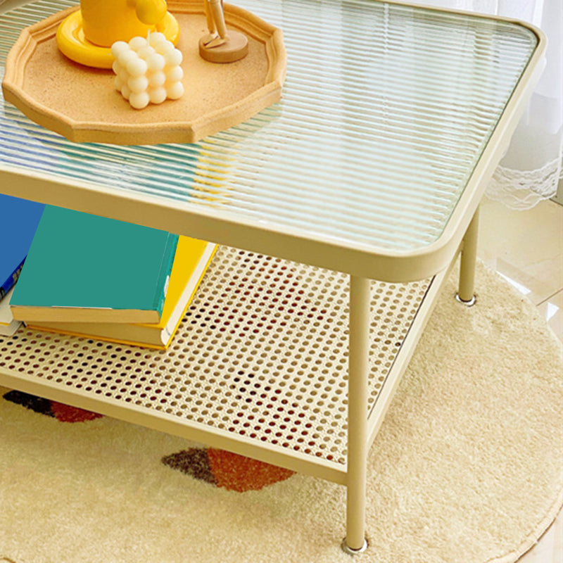 Glass Modern Rectangular Coffee Table with Shelf 4 Legs Cocktail Table