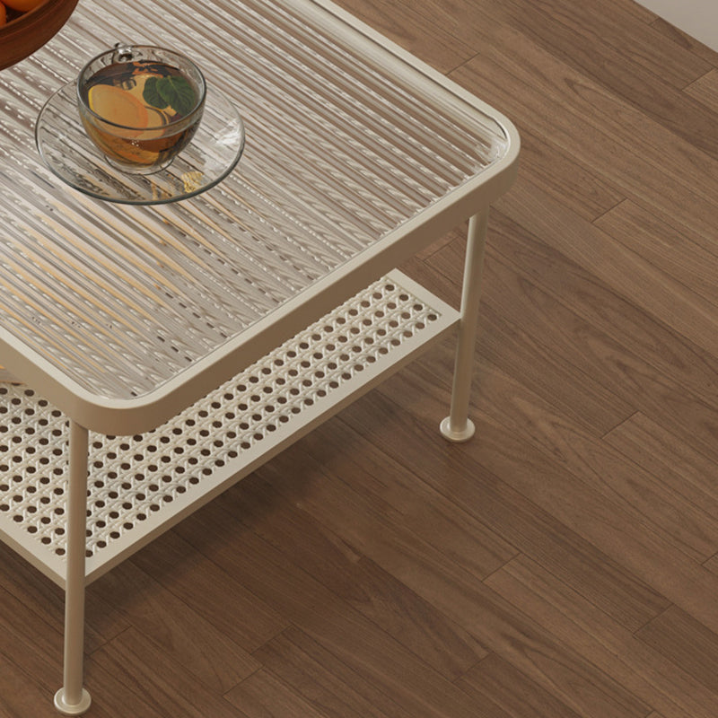 Glass Modern Rectangular Coffee Table with Shelf 4 Legs Cocktail Table