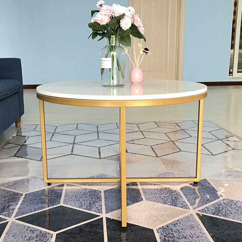 Modern Round Slate Coffee Table Cross Legs Cocktail Table in Gold