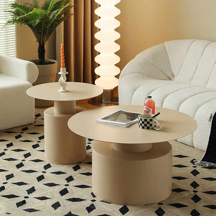 Round Iron Coffee Table Mid-Century Pedestal 2 Pieces Cocktail Table Set