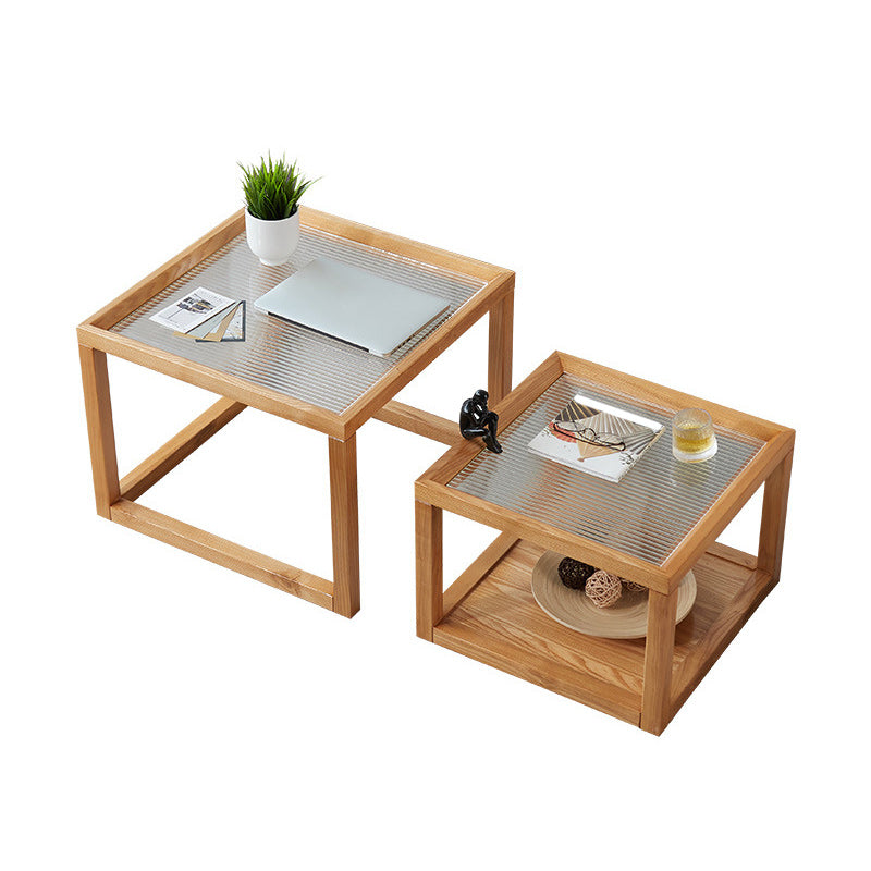 Modern Glass Top Coffee Table Square Natural Wood Cocktail Table