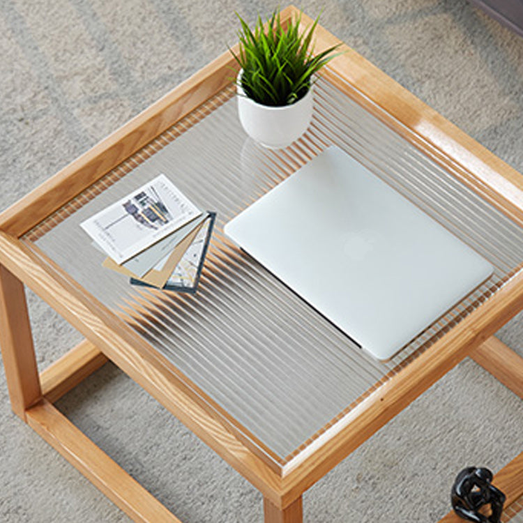 Modern Glass Top Coffee Table Square Natural Wood Cocktail Table