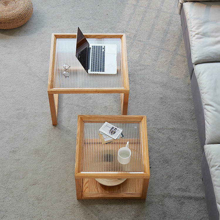 Modern Glass Top Coffee Table Square Natural Wood Cocktail Table