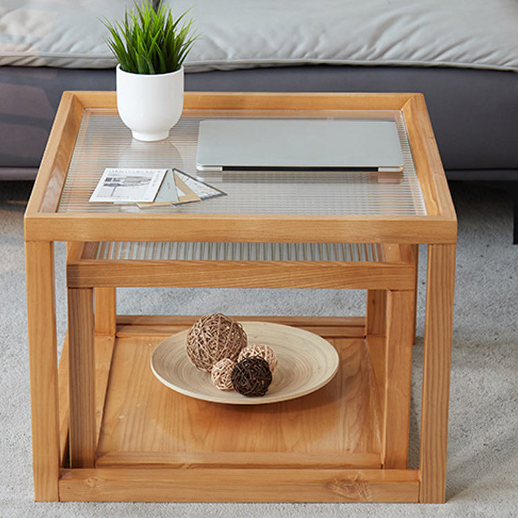 Modern Glass Top Coffee Table Square Natural Wood Cocktail Table