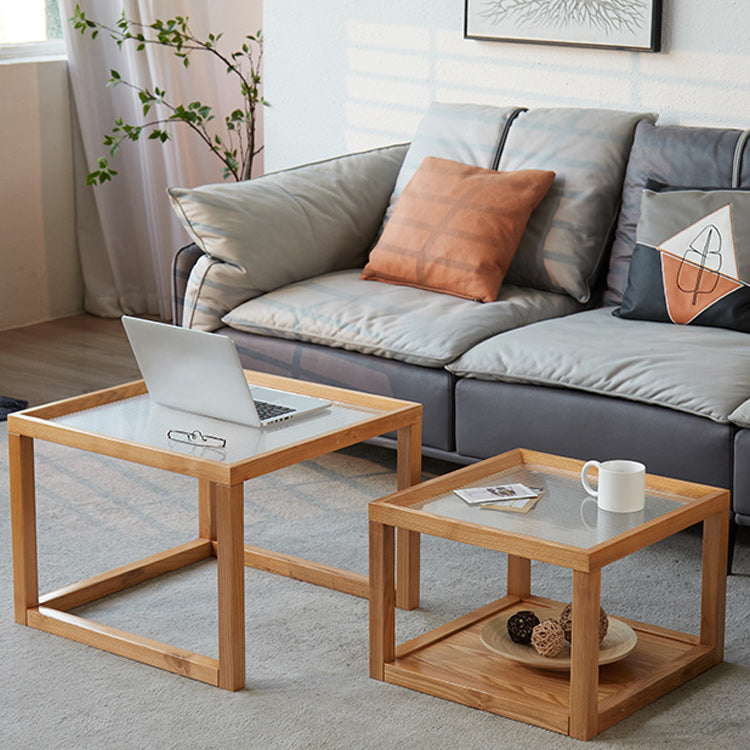 Modern Glass Top Coffee Table Square Natural Wood Cocktail Table