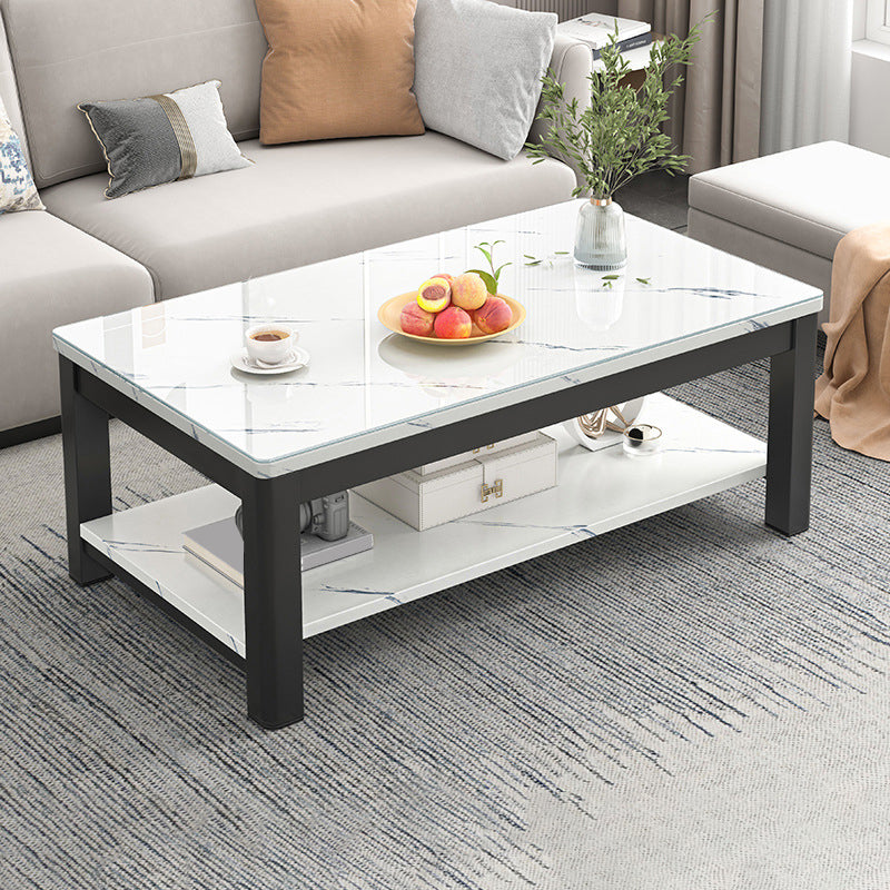 Contemporary Glass 4 Legs Coffee Table 1-Shelf Simple Cocktail Table
