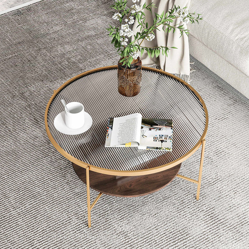 Glass Top 4 Legs Coffee Table Modern Round Cocktail Table in Black/Gold