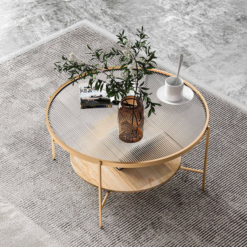 Glass Top 4 Legs Coffee Table Modern Round Cocktail Table in Black/Gold