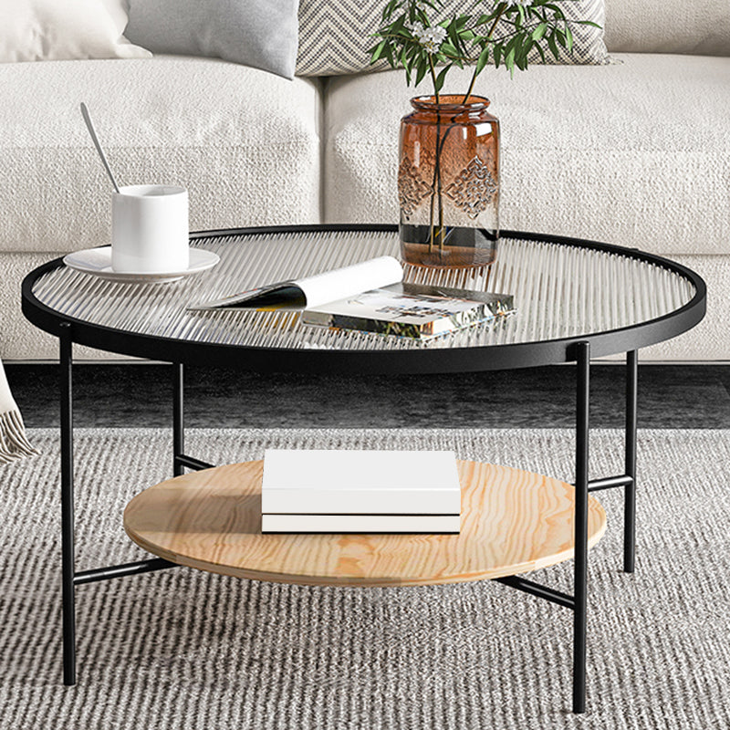 Glass Top 4 Legs Coffee Table Modern Round Cocktail Table in Black/Gold