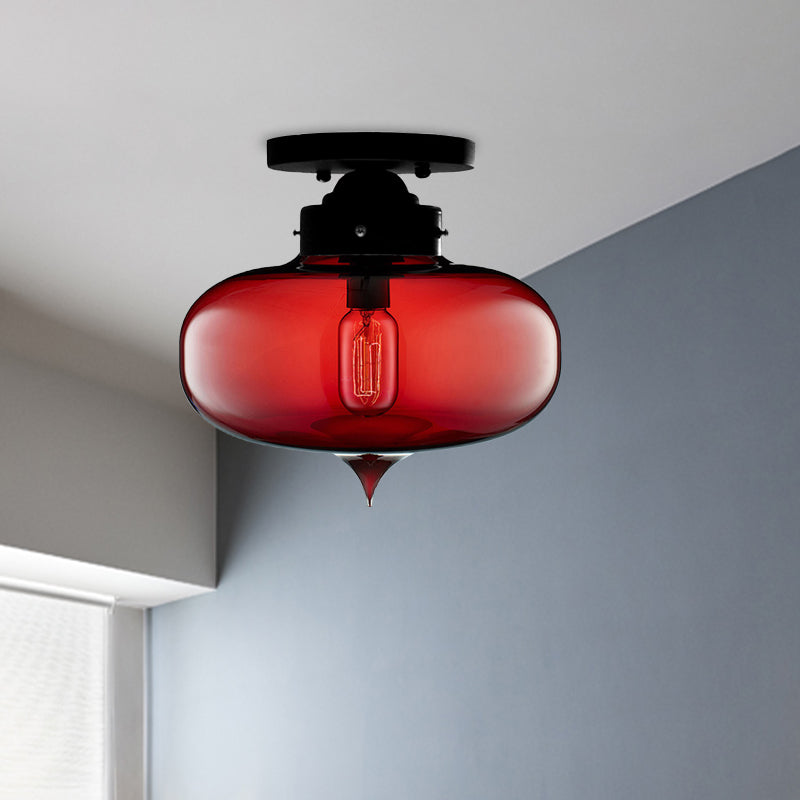 Black One Light Ceiling Mount Industrial Red / Brown / Amber Glass Oval Shade Semi Flush Light for Dining Room