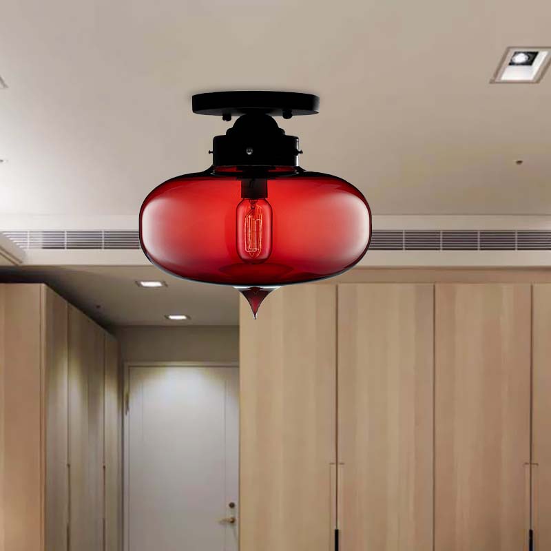 Black One Light Ceiling Mount Industrial Red / Brown / Amber Glass Oval Shade Semi Flush Light for Dining Room