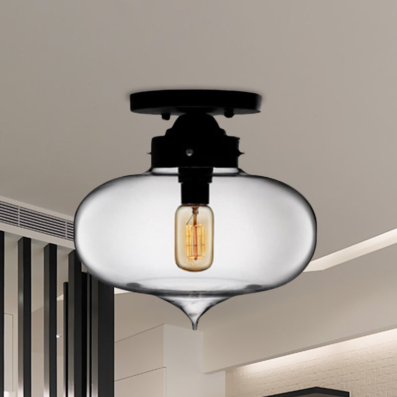Black One Light Ceiling Mount Industrial Red / Brown / Amber Glass Oval Shade Semi Flush Light for Dining Room