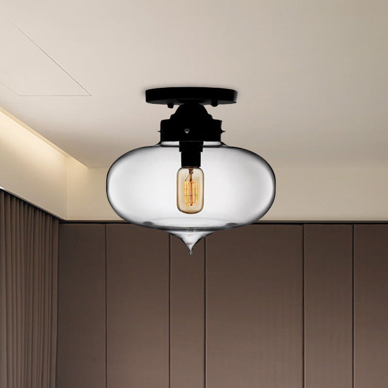 Black One Light Ceiling Mount Industrial Red / Brown / Amber Glass Oval Shade Semi Flush Light for Dining Room