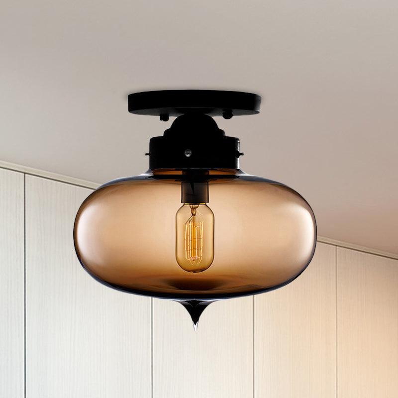 Black One Light Ceiling Mount Industrial Red / Brown / Amber Glass Oval Shade Semi Flush Light for Dining Room
