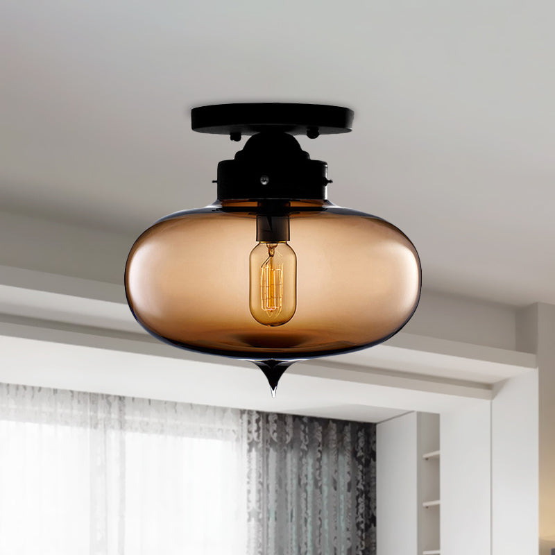 Black One Light Ceiling Mount Industrial Red / Brown / Amber Glass Oval Shade Semi Flush Light for Dining Room
