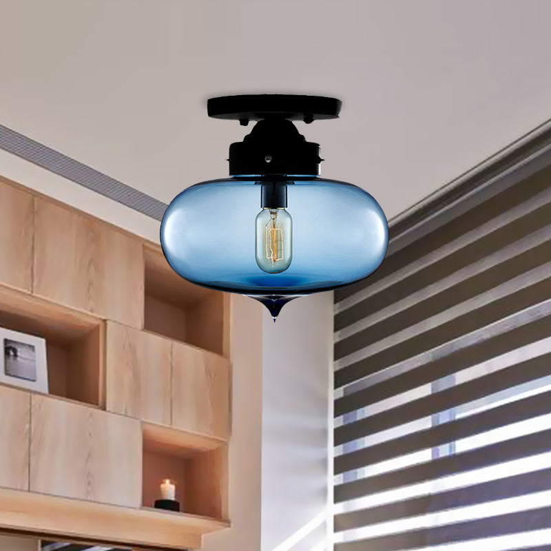 Black One Light Ceiling Mount Industrial Red / Brown / Amber Glass Oval Shade Semi Flush Light for Dining Room