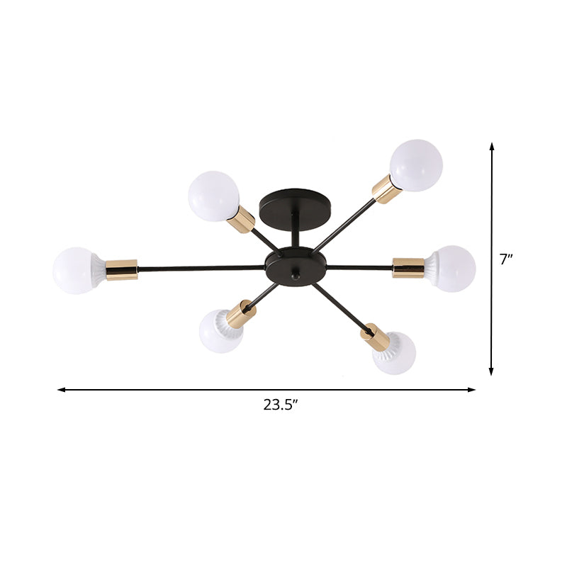 Black Sputnik Semi Flush Light Industrial Metallic 6/8 Lights Ceiling Mounted Fixture with Exposed Bulb, 23.5"/27.5" W