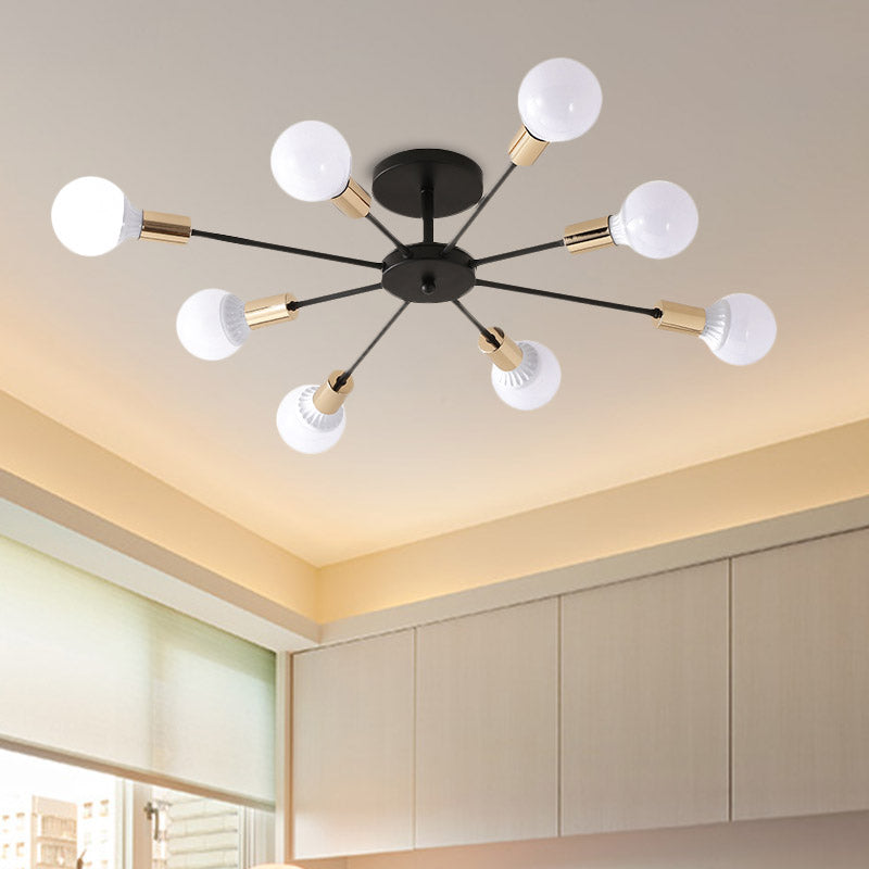 Black Sputnik Semi Flush Light Industrial Metallic 6/8 Lights Ceiling Mounted Fixture with Exposed Bulb, 23.5"/27.5" W