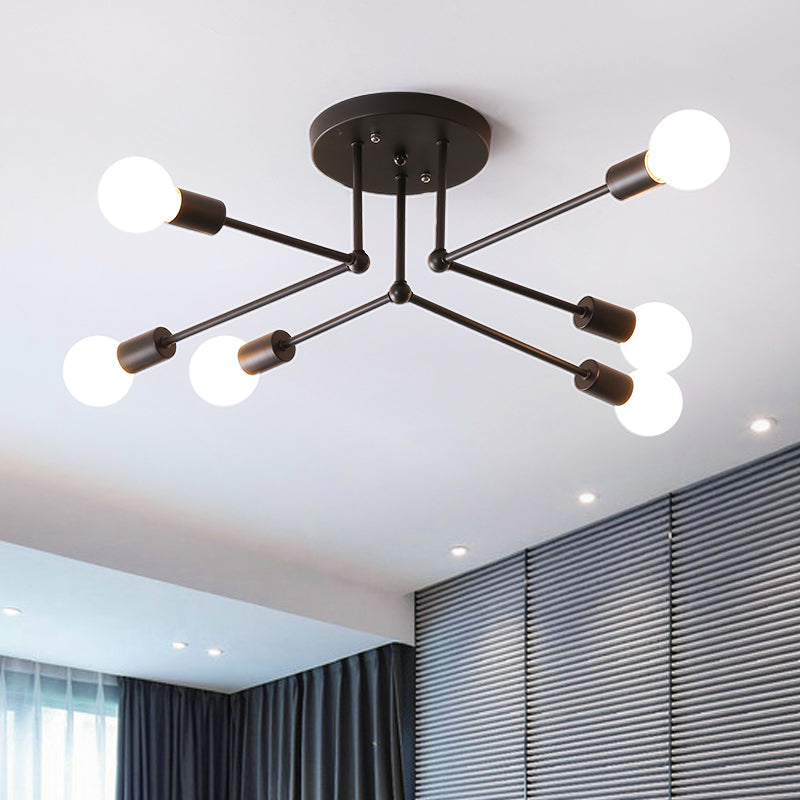 Starburst Metallic Ceiling Mount Chandelier Vintage Style 6/8 Lights Bedroom Semi Mount Lighting in Black