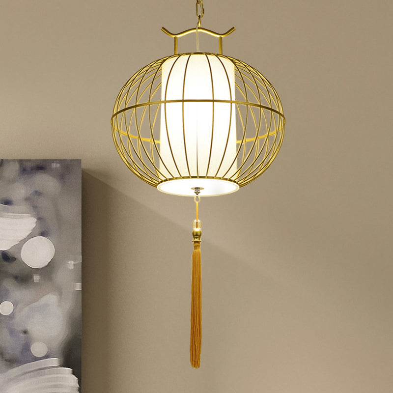 Chinese Style 1 Light Hanging Pendant Light with Bamboo Shade Black/Gold Lantern Ceiling Light for Indoor, 16"/21.5" W