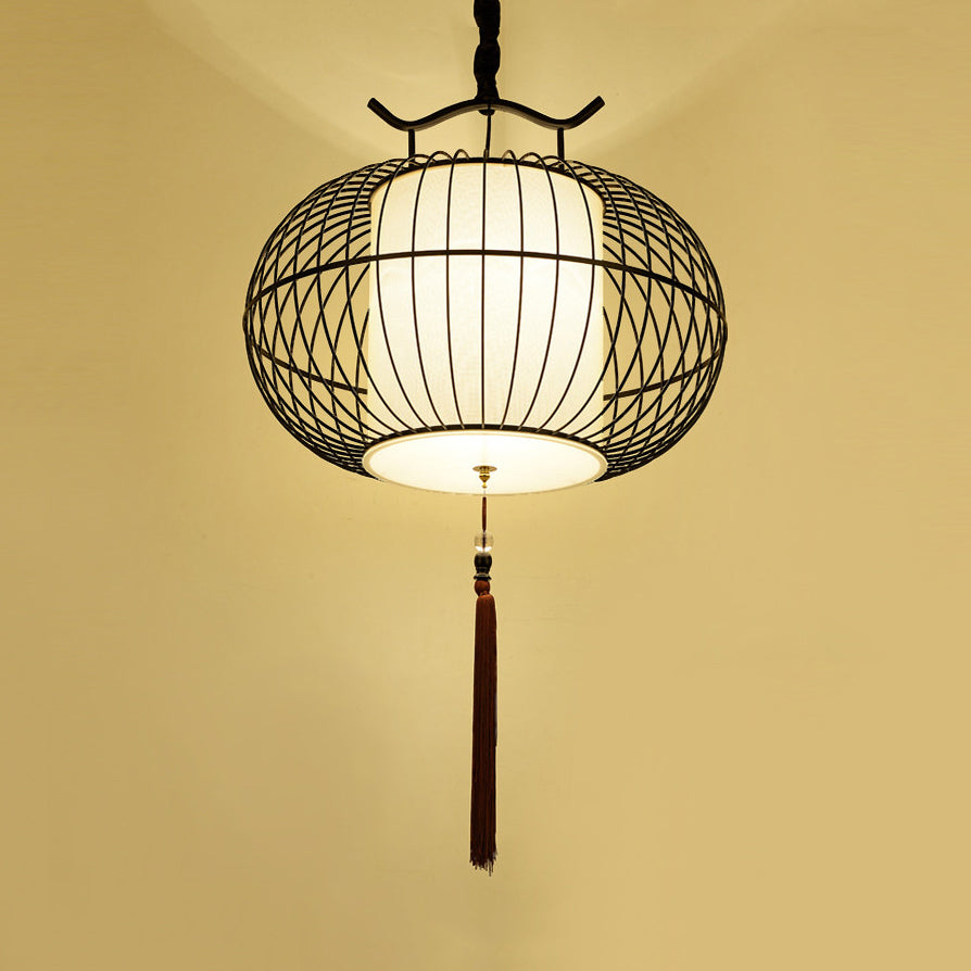 Style chinois 1 lumière suspendue suspendue avec ombre à bambou Black / Gol Lantern plafond pour intérieur, 16 "/21,5" W