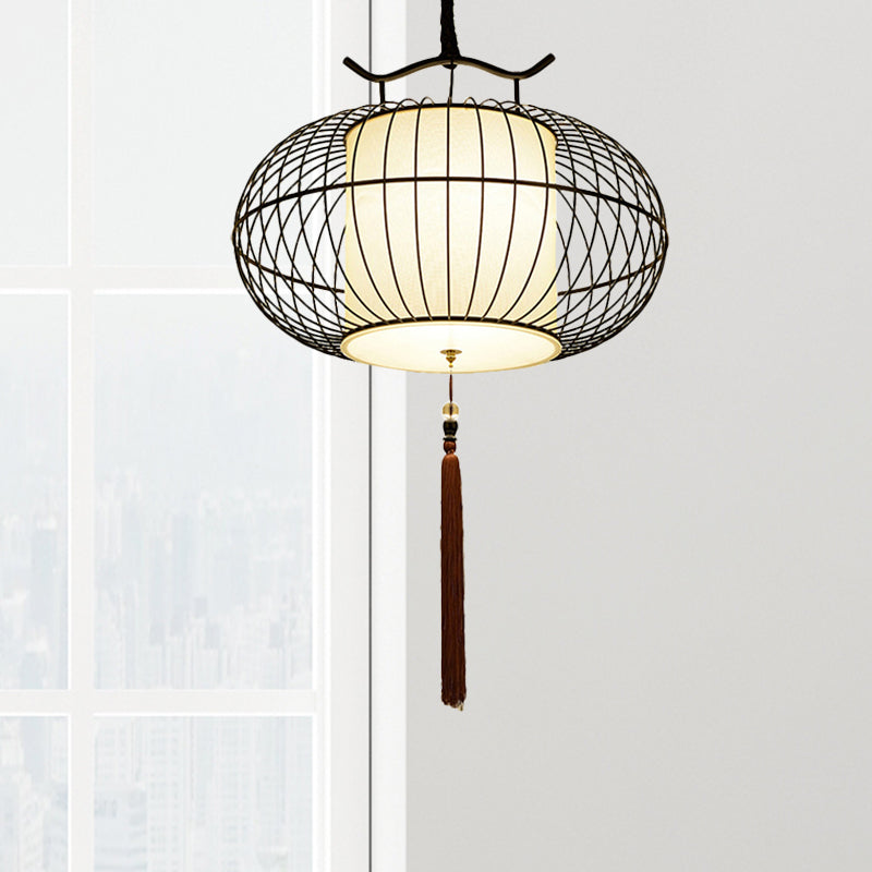 Chinese Style 1 Light Hanging Pendant Light with Bamboo Shade Black/Gold Lantern Ceiling Light for Indoor, 16"/21.5" W