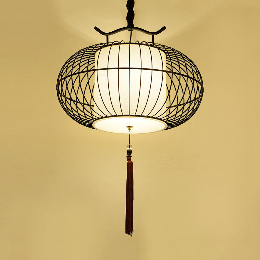 Style chinois 1 lumière suspendue suspendue avec ombre à bambou Black / Gol Lantern plafond pour intérieur, 16 "/21,5" W
