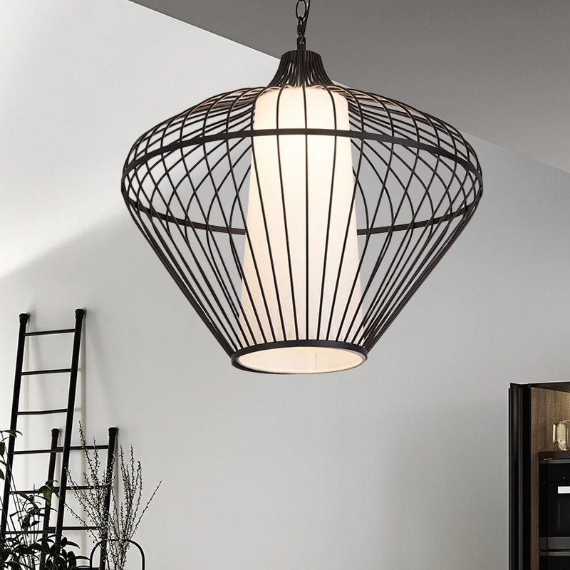 1 Head Dining Room Pendant Light with Tapered Bamboo Shade Modernist Style Black Ceiling Fixture, 19.5"/21.5" Dia
