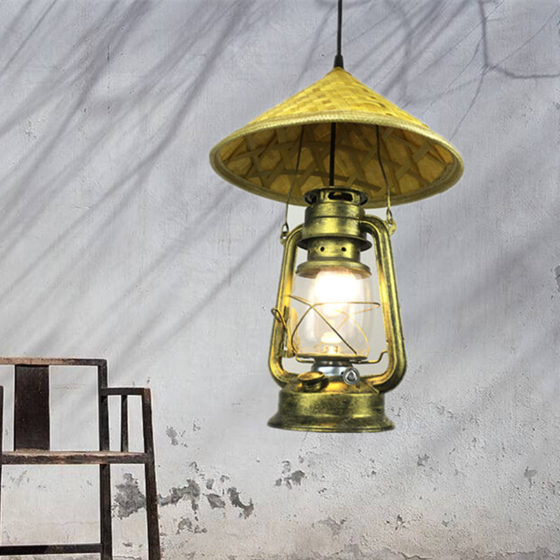 Luz de sombrero de lodge Rattan 1 Lámpara de comedor ligero con tono de linterna de metal en latón, 12 "/18" W