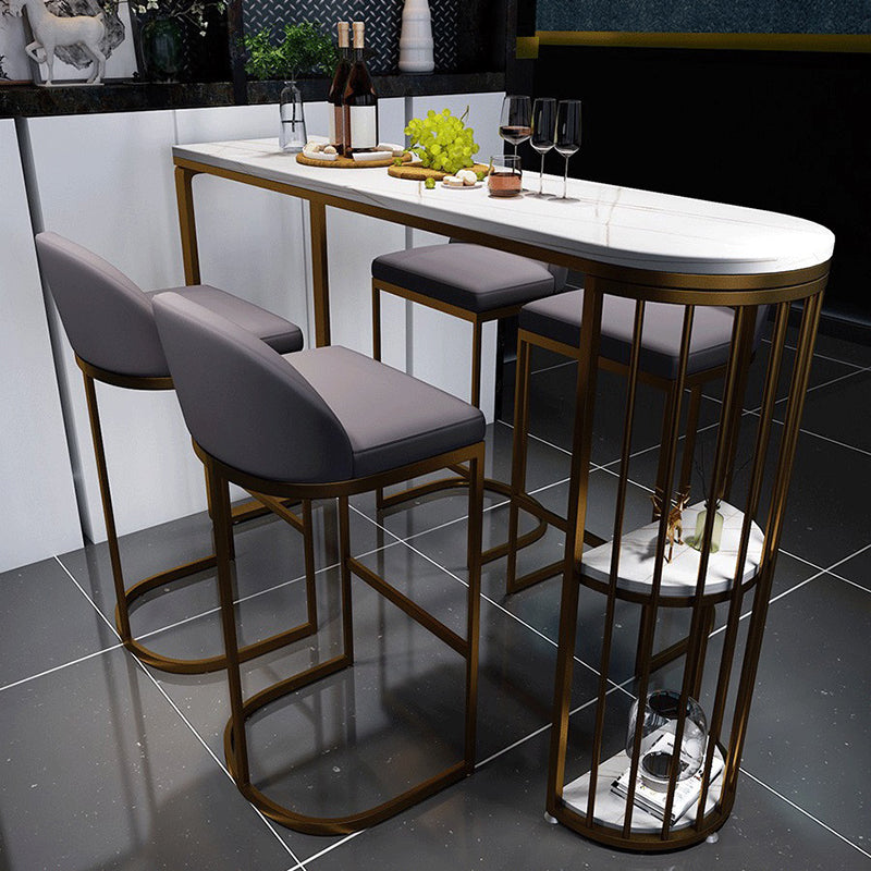 White Sintered Stone Bar Table Metal Base Dining Table with Storage Shelves