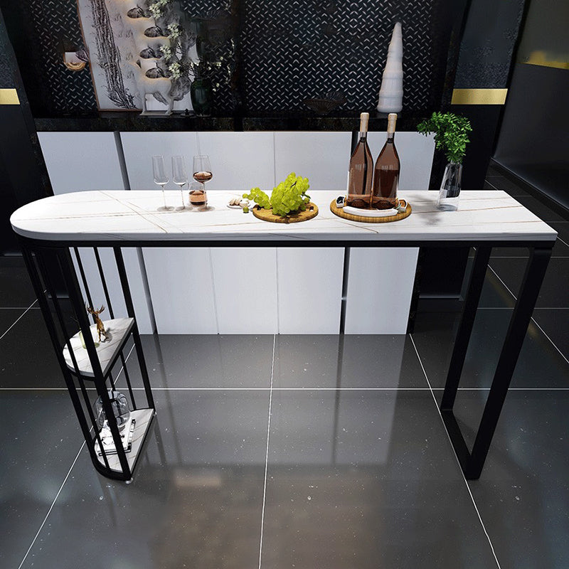 White Sintered Stone Bar Table Metal Base Dining Table with Storage Shelves