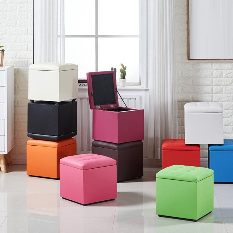 Modern Pouf Ottoman PU Leather Upholstered Tufted Solid Color Square Ottoman with Storage