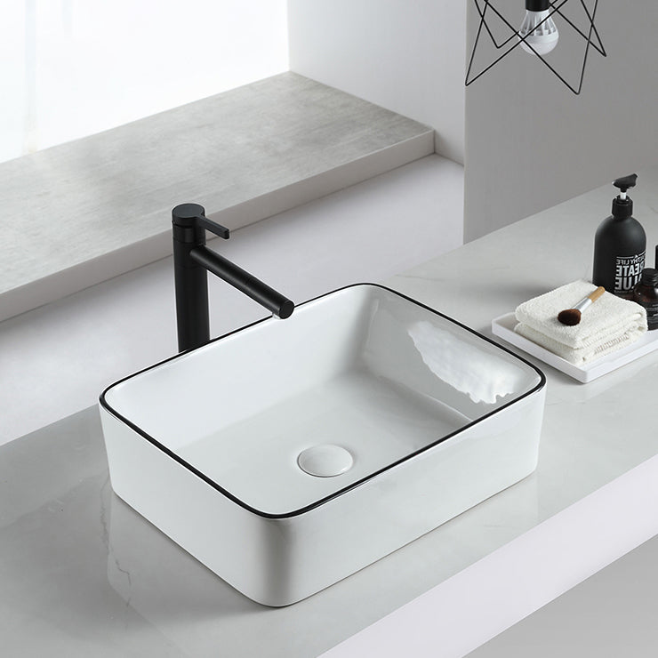 Modern Bathroom Sink Pop-Up Drain Porcelain Rectangular Vessel Sink
