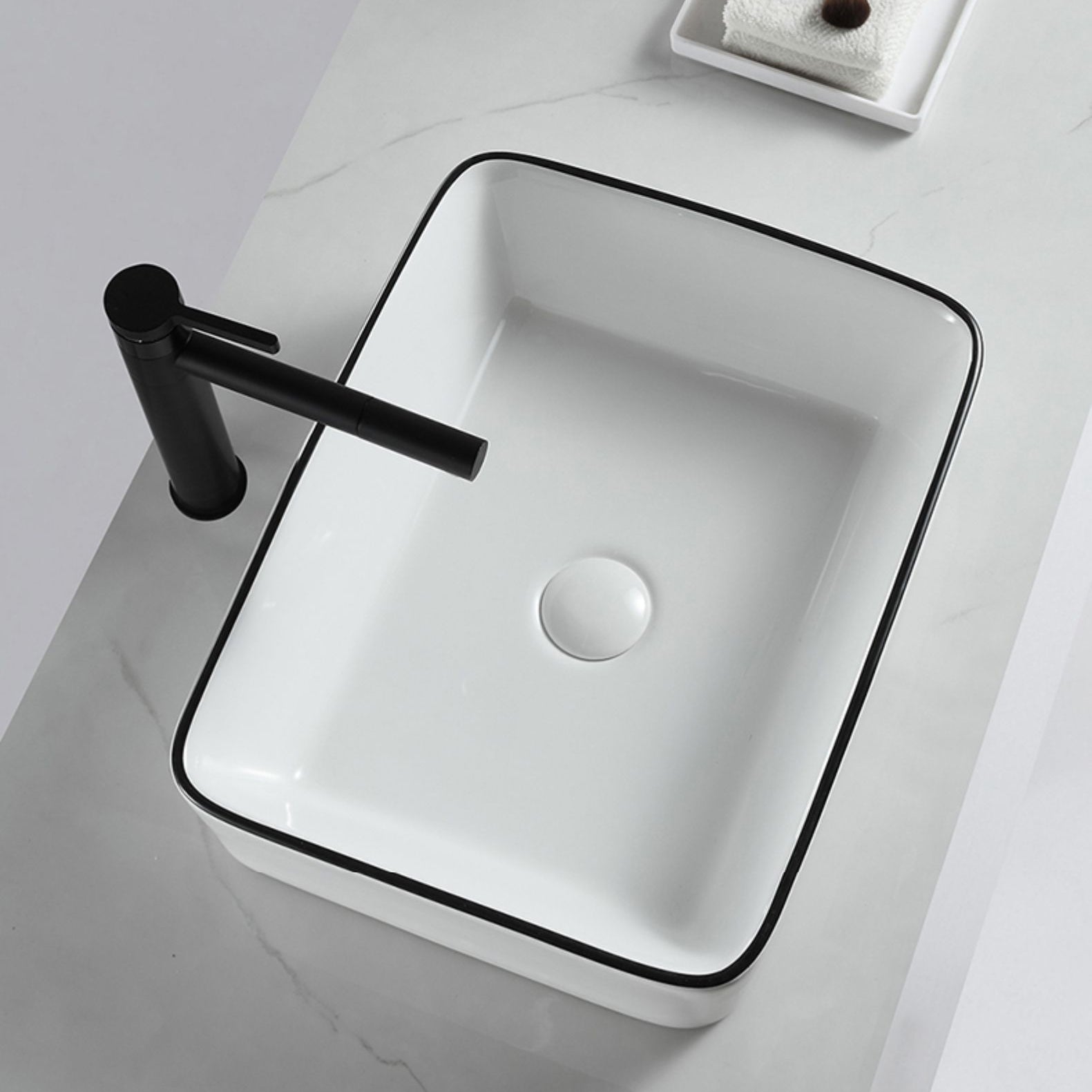 Modern Bathroom Sink Pop-Up Drain Porcelain Rectangular Vessel Sink