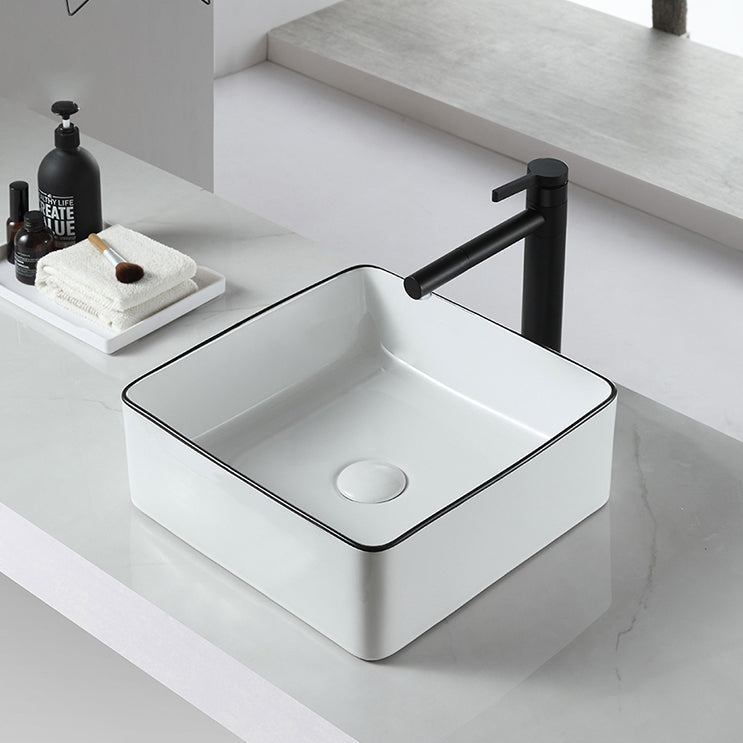 Modern Bathroom Sink Pop-Up Drain Porcelain Rectangular Vessel Sink