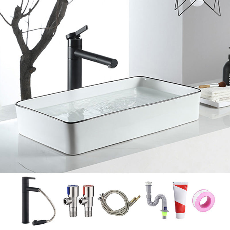 Modern Bathroom Sink Pop-Up Drain Porcelain Rectangular Vessel Sink