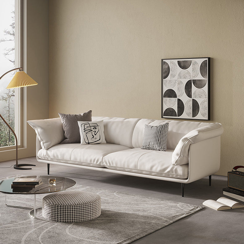 Modern 34.64" H White Genuine Leather Pillow Top Arm Sofa For Living Room
