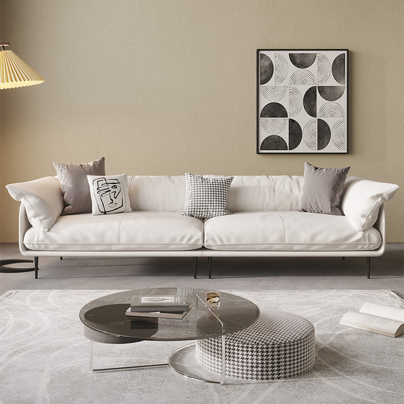 Modern 34.64" H White Genuine Leather Pillow Top Arm Sofa For Living Room