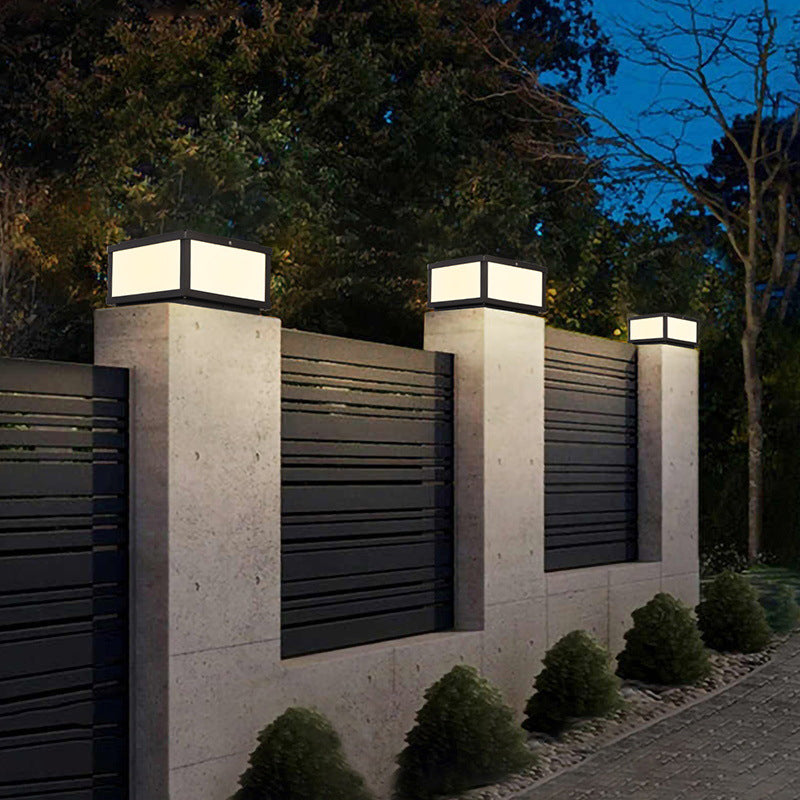 Outdoor Solar Lights Black Metal Square Pillar Lamp for Garden