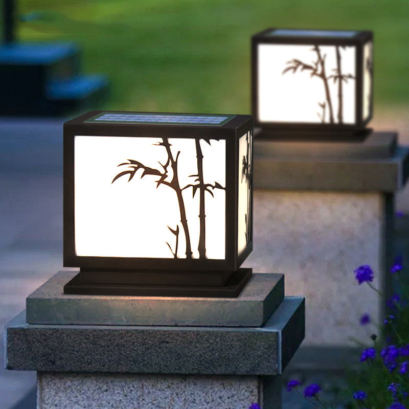 Solar Square Outdoor Lights Black Metal Pillar Lamp with Acrylic Shade for Garden