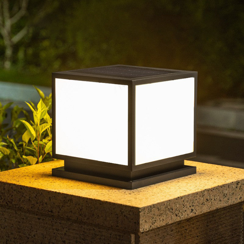 Solar Square Outdoor Lights Black Metal Pillar Lamp with Acrylic Shade for Garden