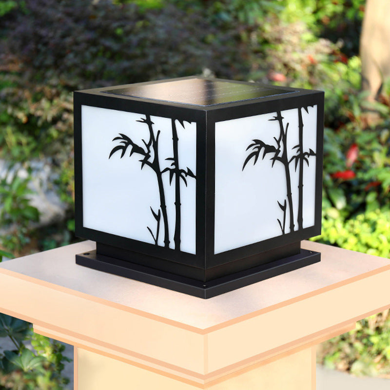 Solar Square Outdoor Lights Black Metal Pillar Lamp with Acrylic Shade for Garden