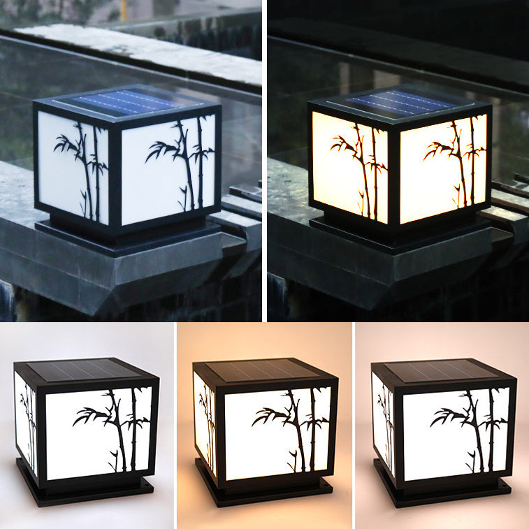 Solar Square Outdoor Lights Black Metal Pillar Lamp with Acrylic Shade for Garden