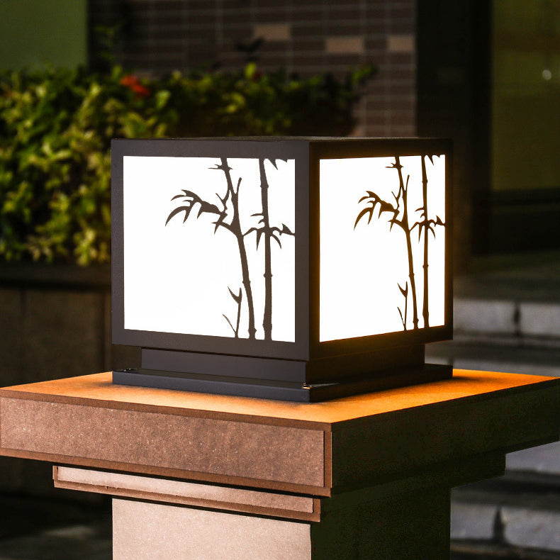 Solar Square Outdoor Lights Black Metal Pillar Lamp with Acrylic Shade for Garden