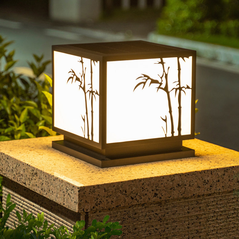 Solar Square Outdoor Lights Black Metal Pillar Lamp with Acrylic Shade for Garden