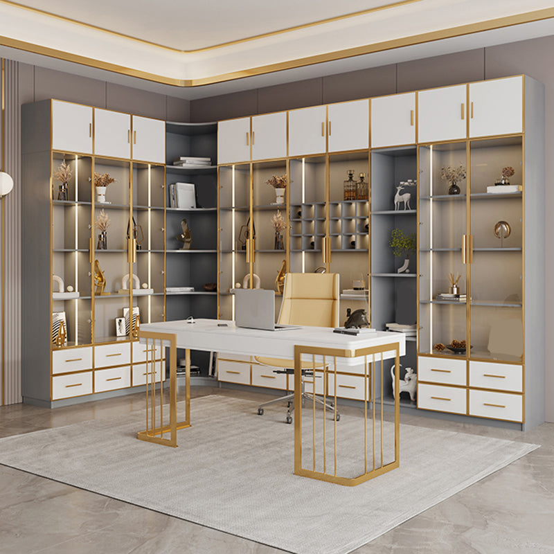 Glam Vertical Standard Bookshelf Manufactured Wood Bookcase with Glass Door