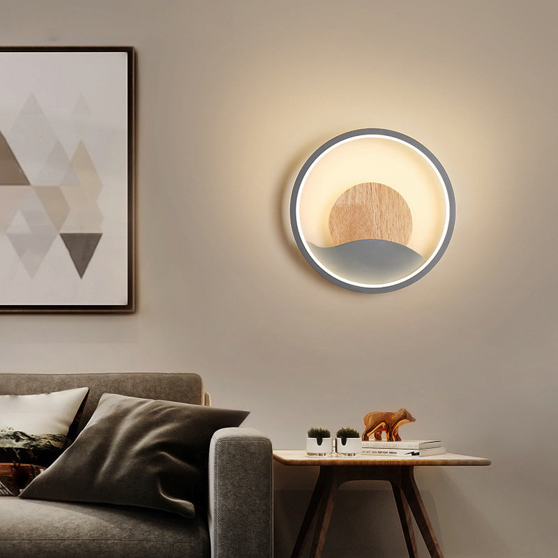 Iron and Wood Modern Wall Mount Round LED in White / Grey Wall Light