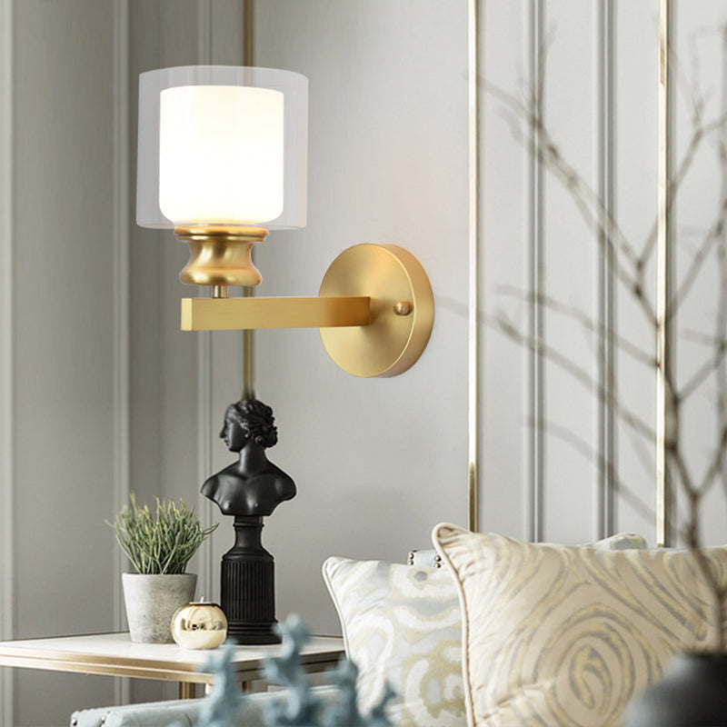 Modern 1 - Light Armed Wall Lighting Solid Brass and Cylinder Glass Shade Wall Sconce