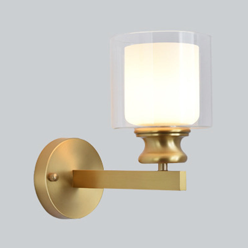 Modern 1 - Light Armed Wall Lighting Solid Brass and Cylinder Glass Shade Wall Sconce